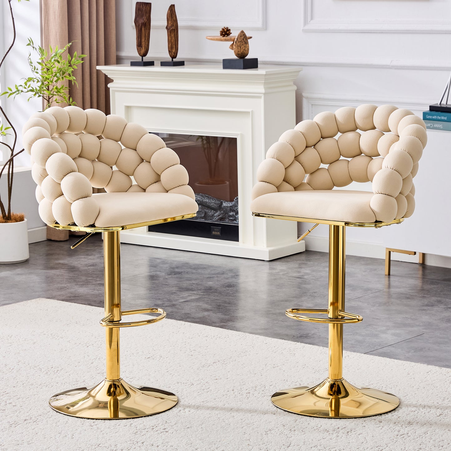 Set of 2 Beige Velvet Bubble Bar Stools with Gold Legs
