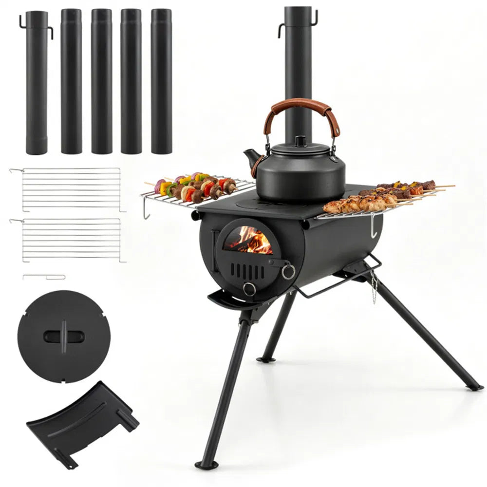 Portable Wood Burning Camping Stove with Chimney & Cooking Racks