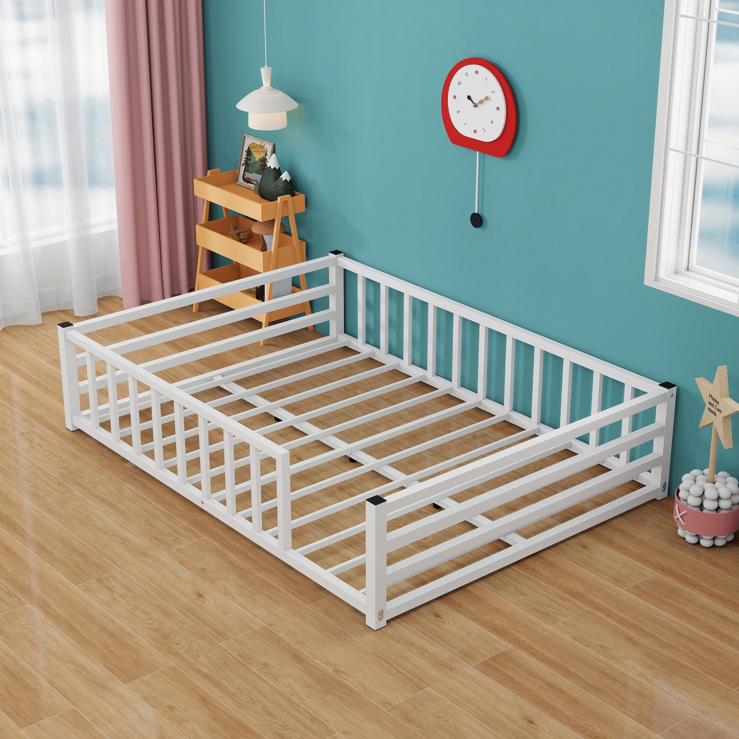 Full Size Low Profile Metal Bed Frame with Guardrails - White
