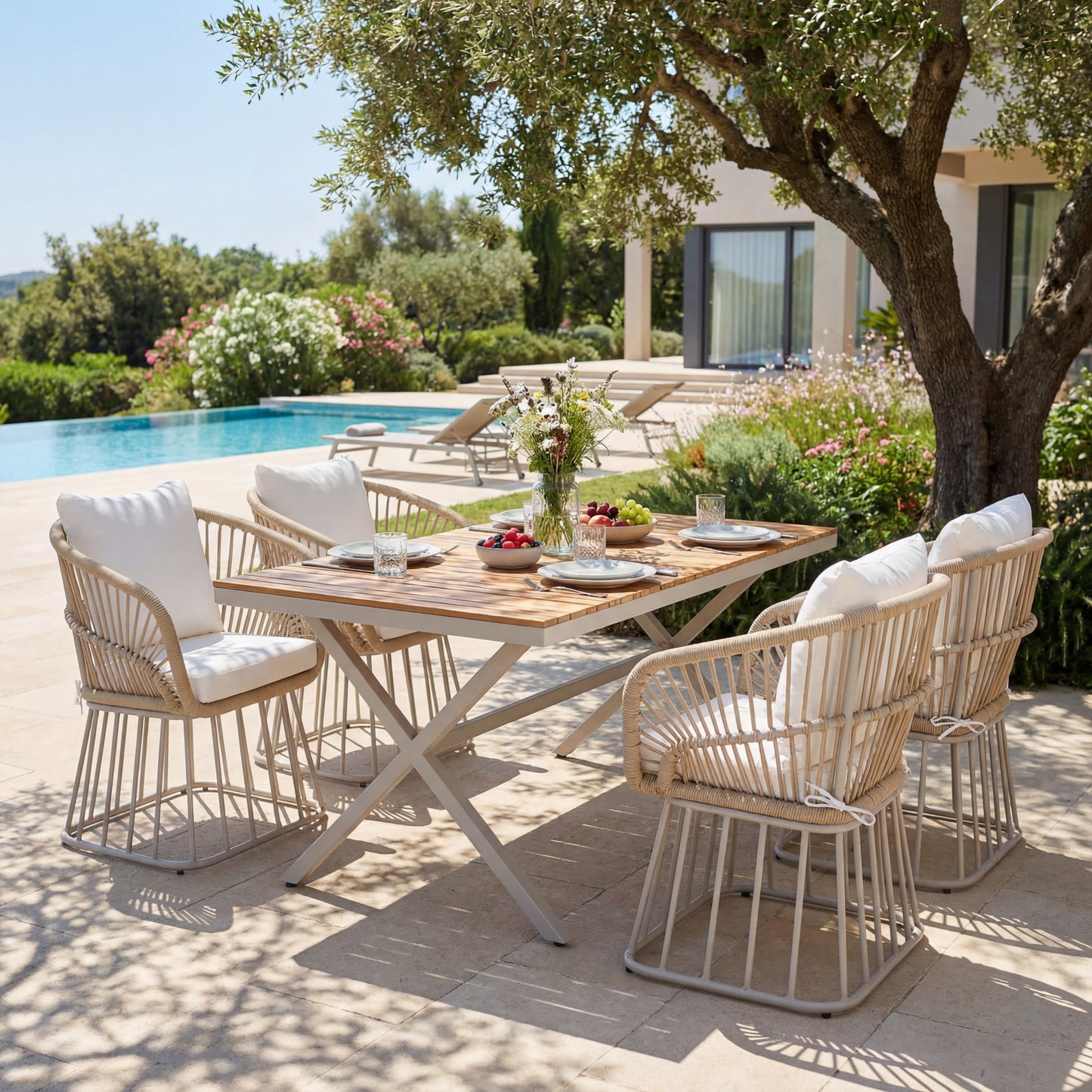 Outdoor 5-Piece Dining Set - Rectangular Teak Wood Table 4 Wicker