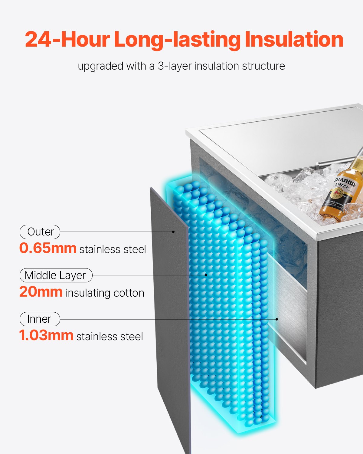 57.8 Qt Stainless Steel Drop-In Ice Cooler Bin for Drinks