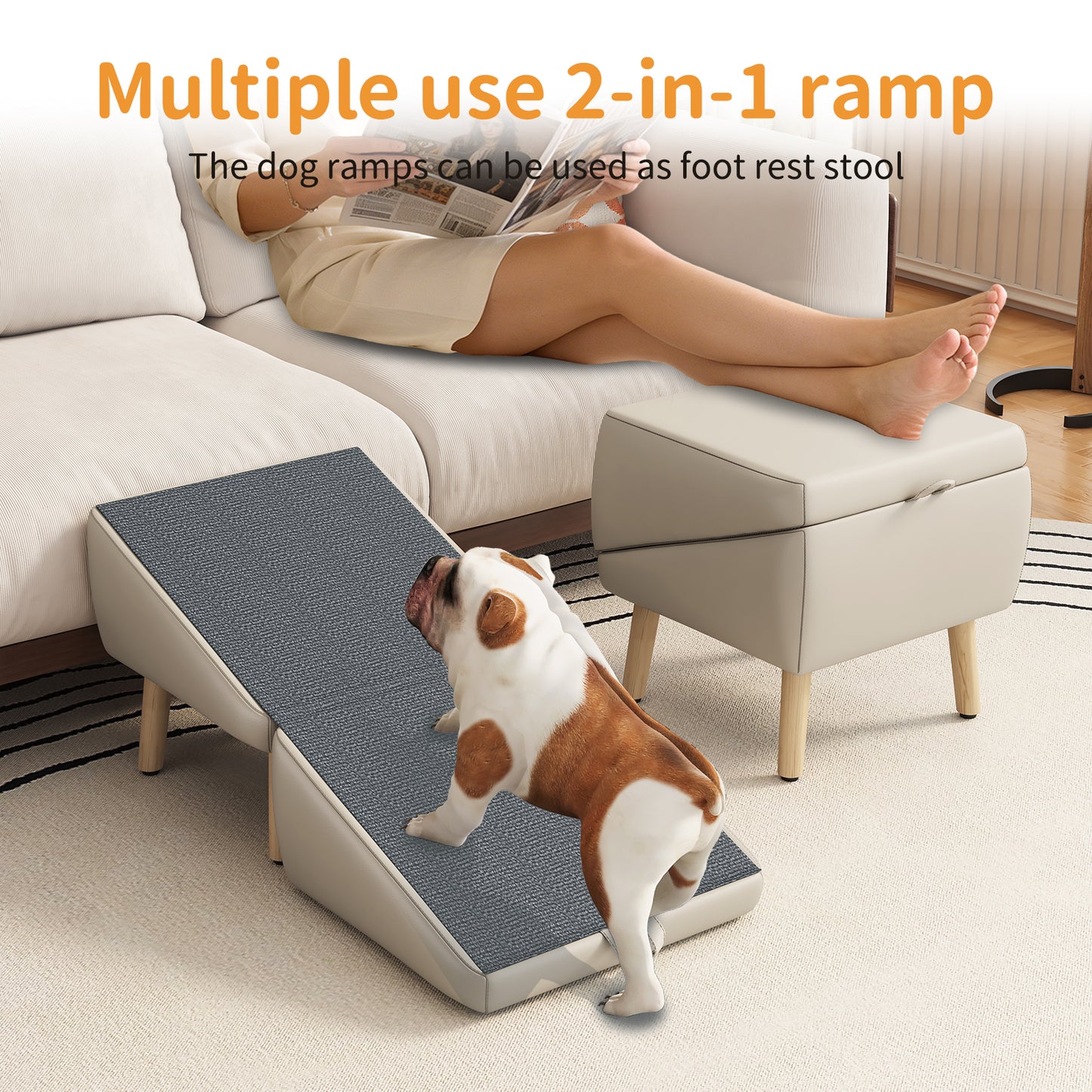 Foldable Wooden Dog Steps for Small Dogs and Cats - Non-Slip Ramp for Couch and Bed, Light Grey