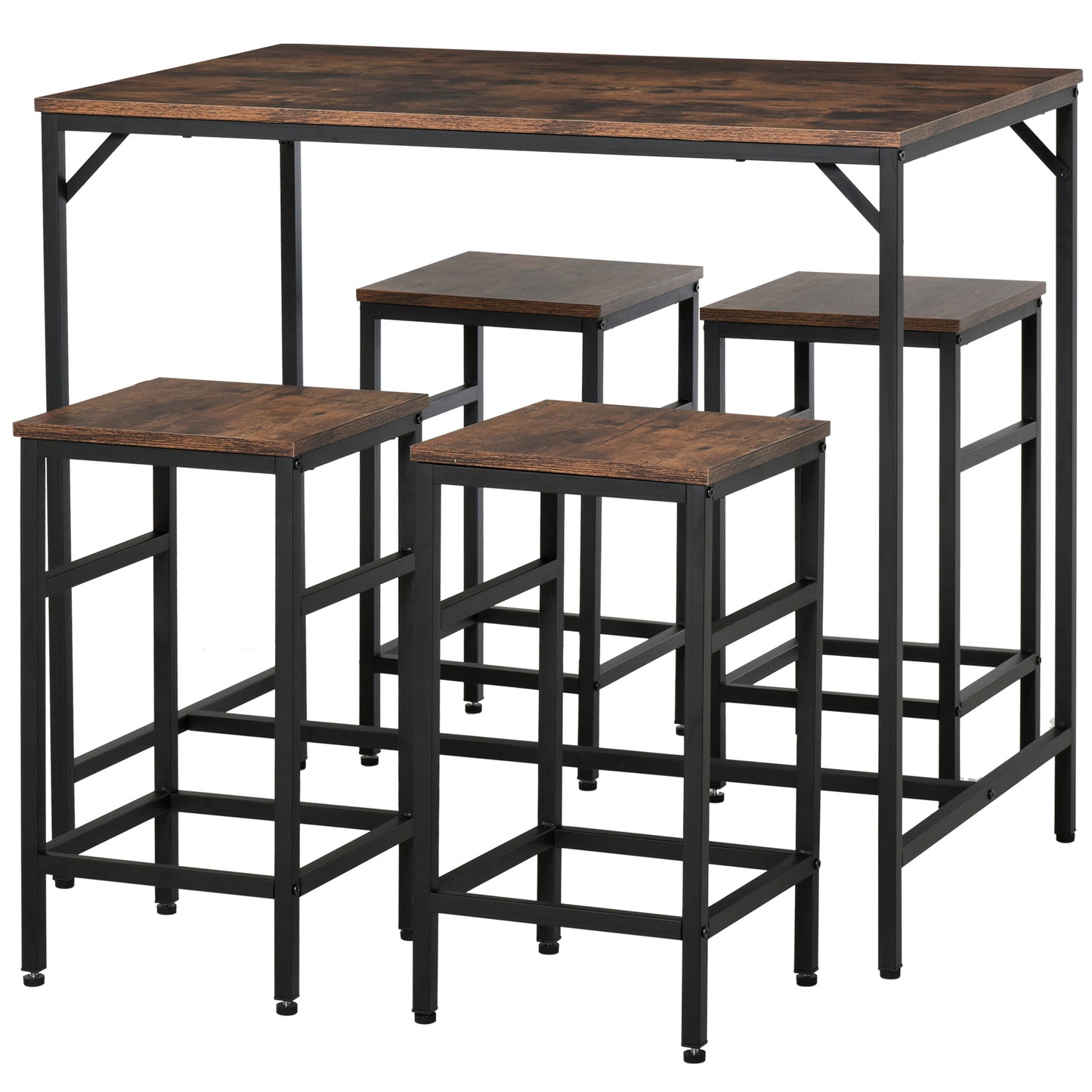 5-Piece Rustic Bar Table Set with 4 Stools - Space Saving Design