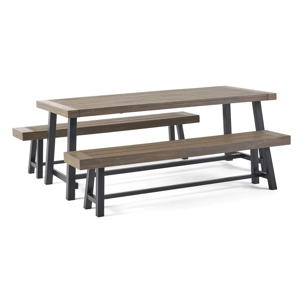 Outdoor Acacia Wood Picnic Dining Set - Gray & Rustic Metal