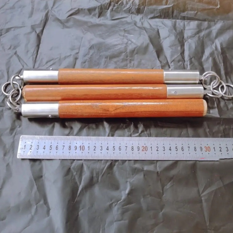 Solid Wood Three-Section Staff with Stainless Steel Ring for Home & Garden Storage
