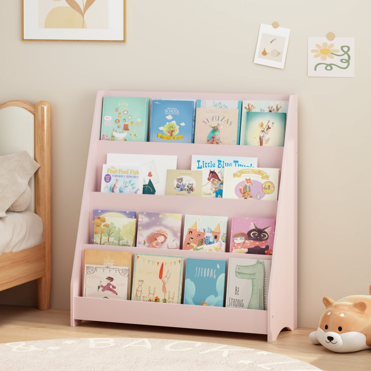 4-Tier Kids Bookshelf - Pink MDF Book Display Shelf