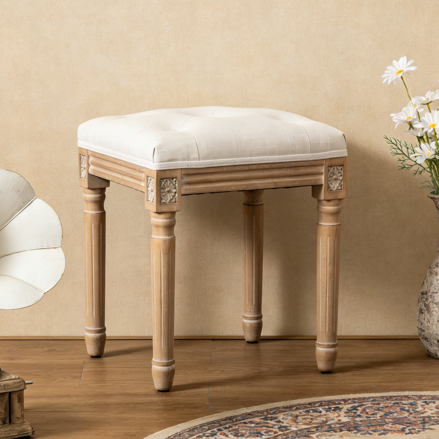 Tufted Vanity Stool with Linen Upholstery and Solid Wood Legs - Beige