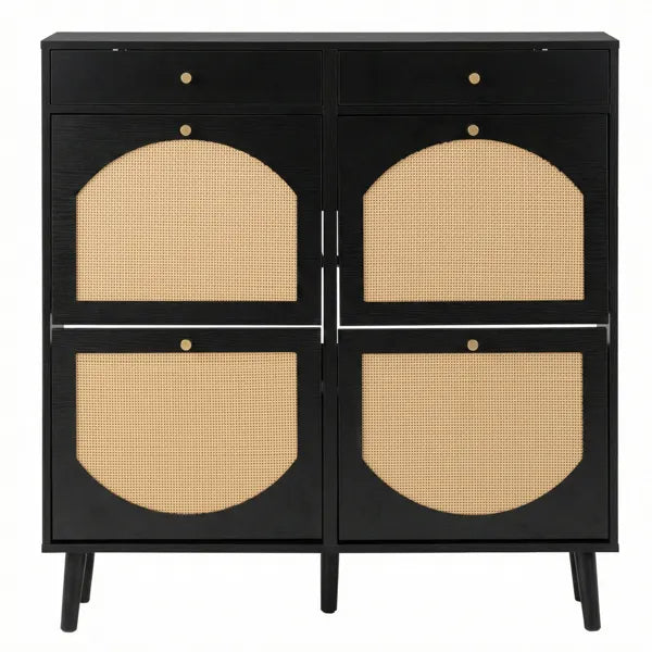 Black Rattan-Front Shoe Cabinet with 2 Drawers and 4 Flip-Down Compartments