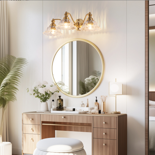 24 Inch 3-Light Vintage Bathroom Wall Sconce - Golden Metal & Glass Vanity Light