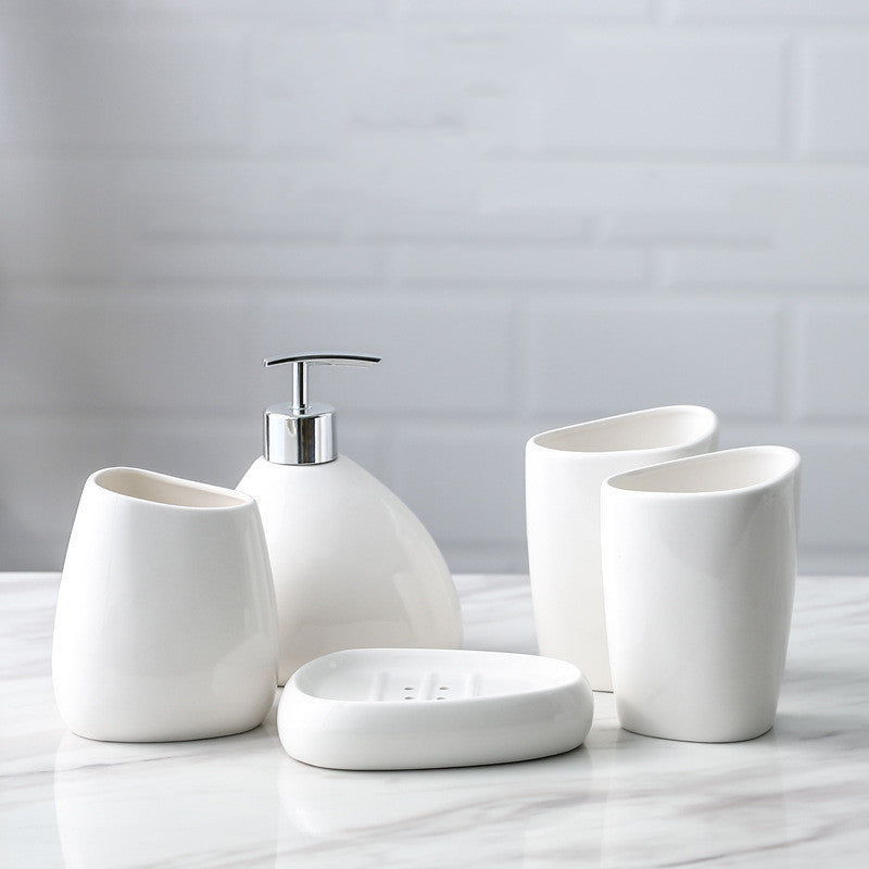 White Porcelain Bathroom 5-Piece Toiletry Set - Hotel Style