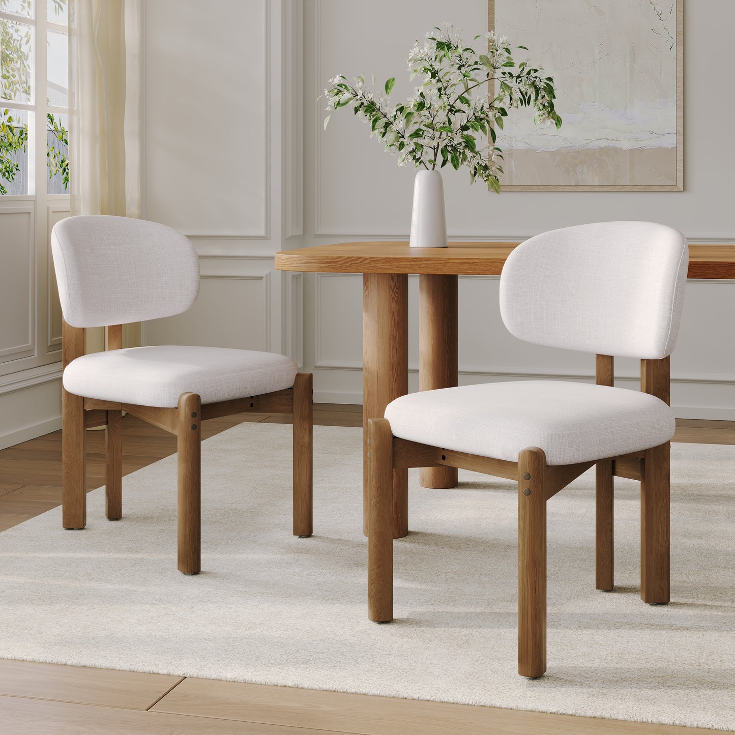 Beige Upholstered Mid-Century Dining Chairs - Set of 2