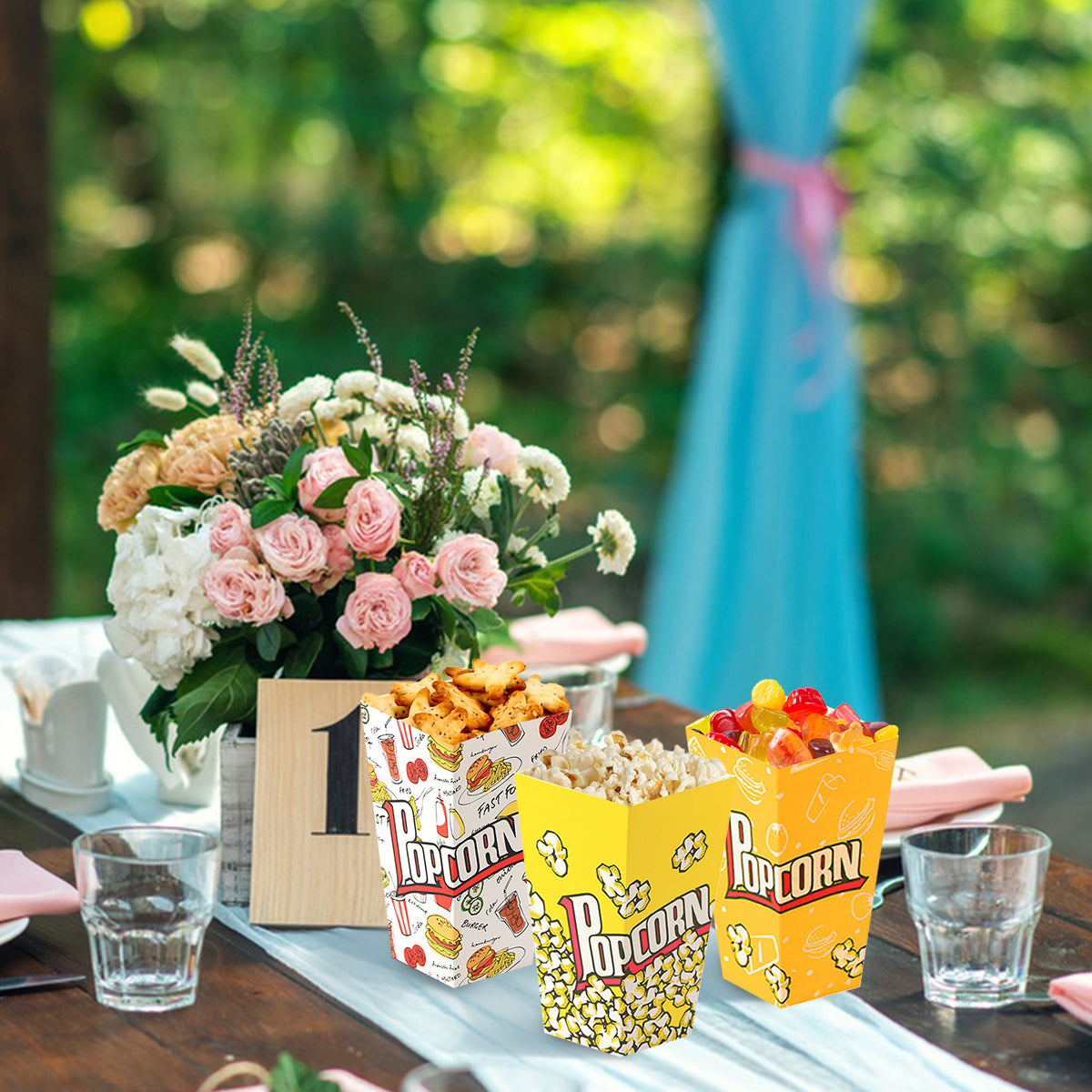 100-Pack Paper Popcorn Boxes - Yellow, Orange & White