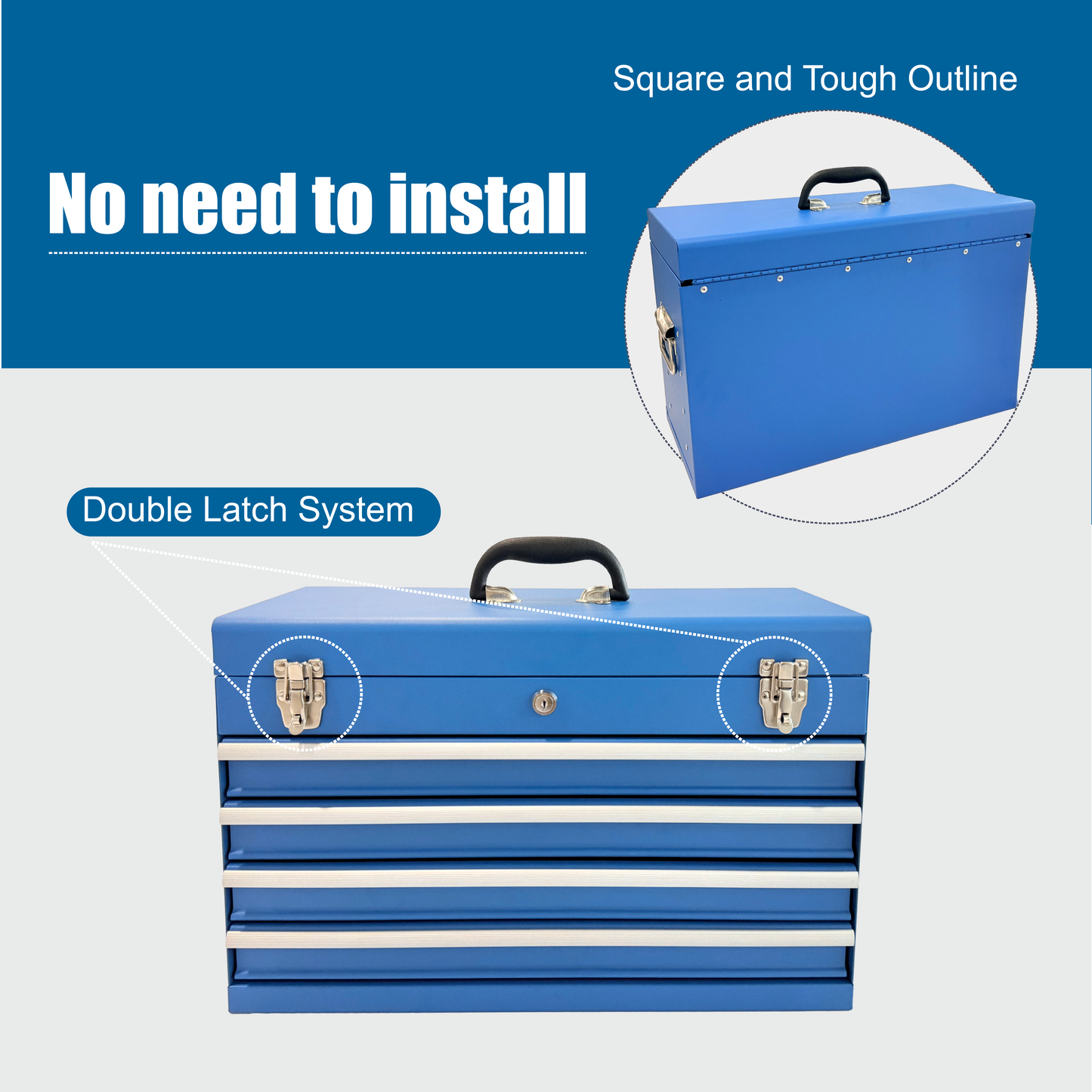 Heavy Duty Metal Tool Box 21-Inch with 4 Drawers, Locking, EVA Liners, Portable Steel Storage Chest - Blue
