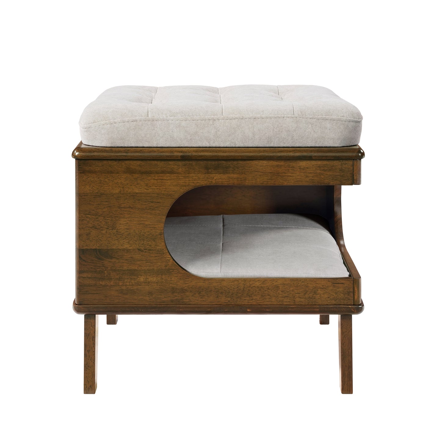 Rubber Wood Cat Bed Ottoman with Cat Cave - 2-in-1 Tufted Pet Footstool, Walnut Finish