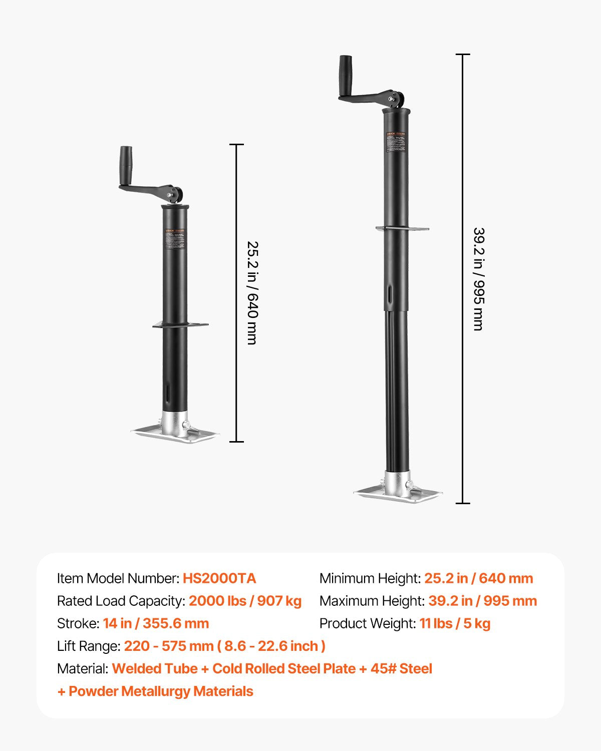 Heavy-Duty A-Frame Trailer Jack 2000 Lb Capacity with Handle & Rectangular Footpad - 15-Inch Travel