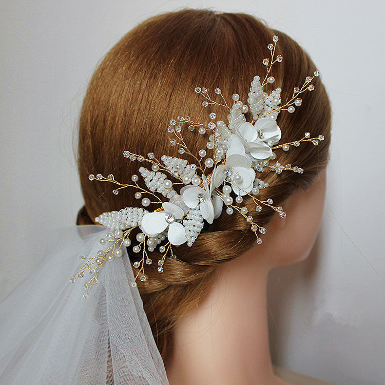 Pearl Beaded Crystal Hair Comb - Gold