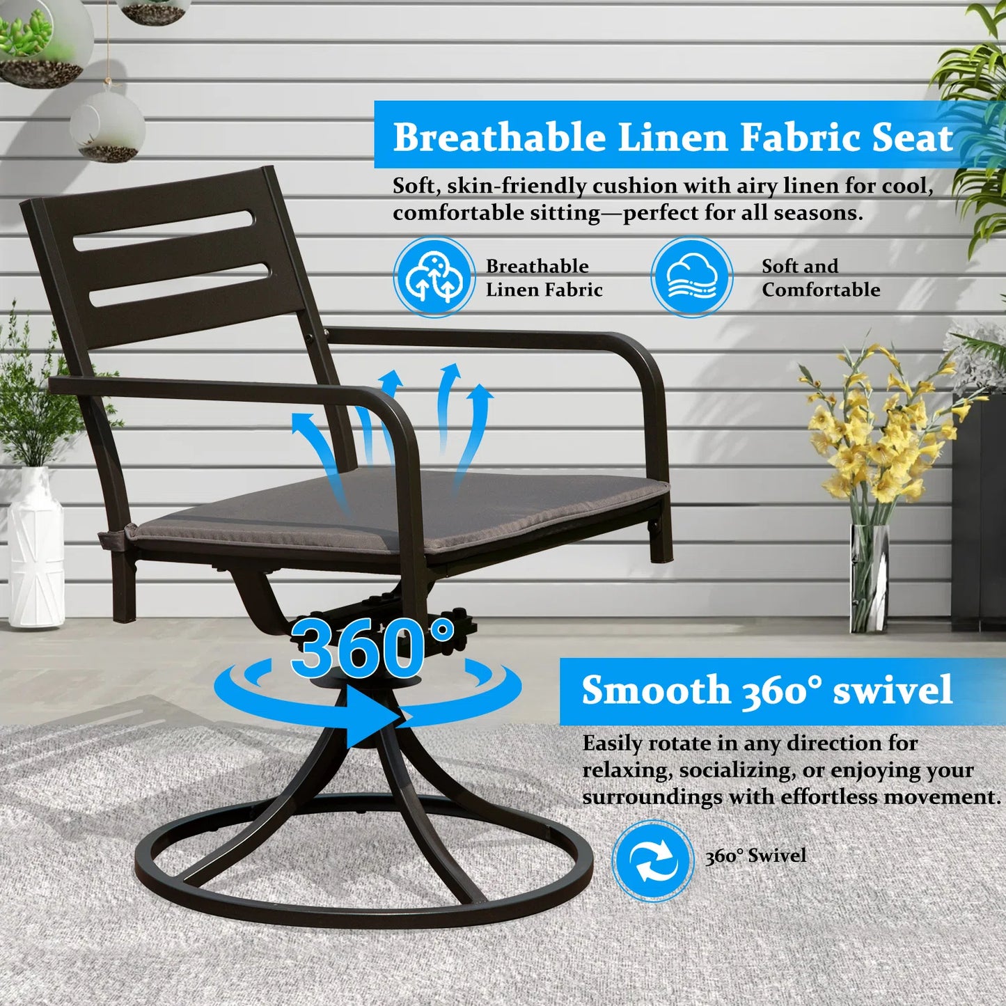 Set Of 2 Powder-Coated Steel 360 Swivel Outdoor Dining Chairs With