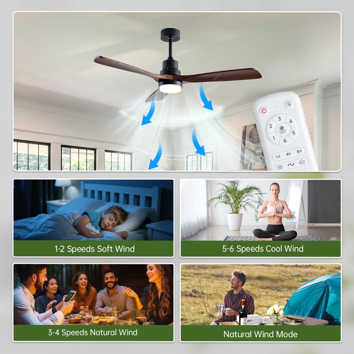 52-Inch Wooden Ceiling Fan with Light and Remote Control - Indoor Outdoor Modern Fan