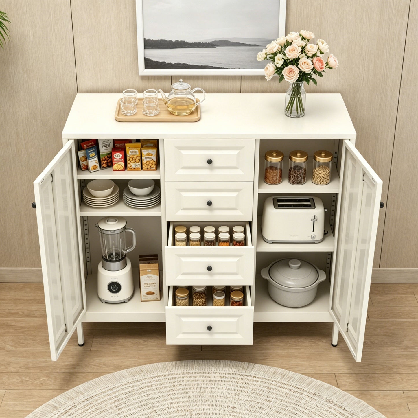 Beige 40.16'' Storage Sideboard Buffet Cabinet with 4 Drawers & 2 Doors