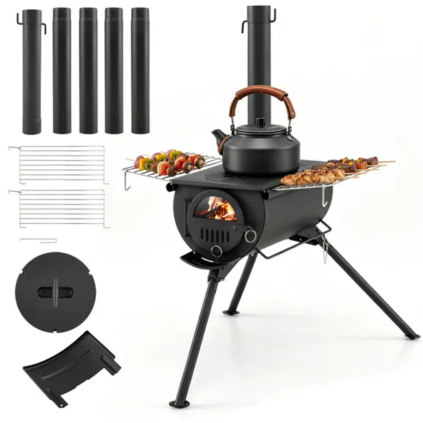 Portable Wood Burning Camping Stove with Chimney & Cooking Racks