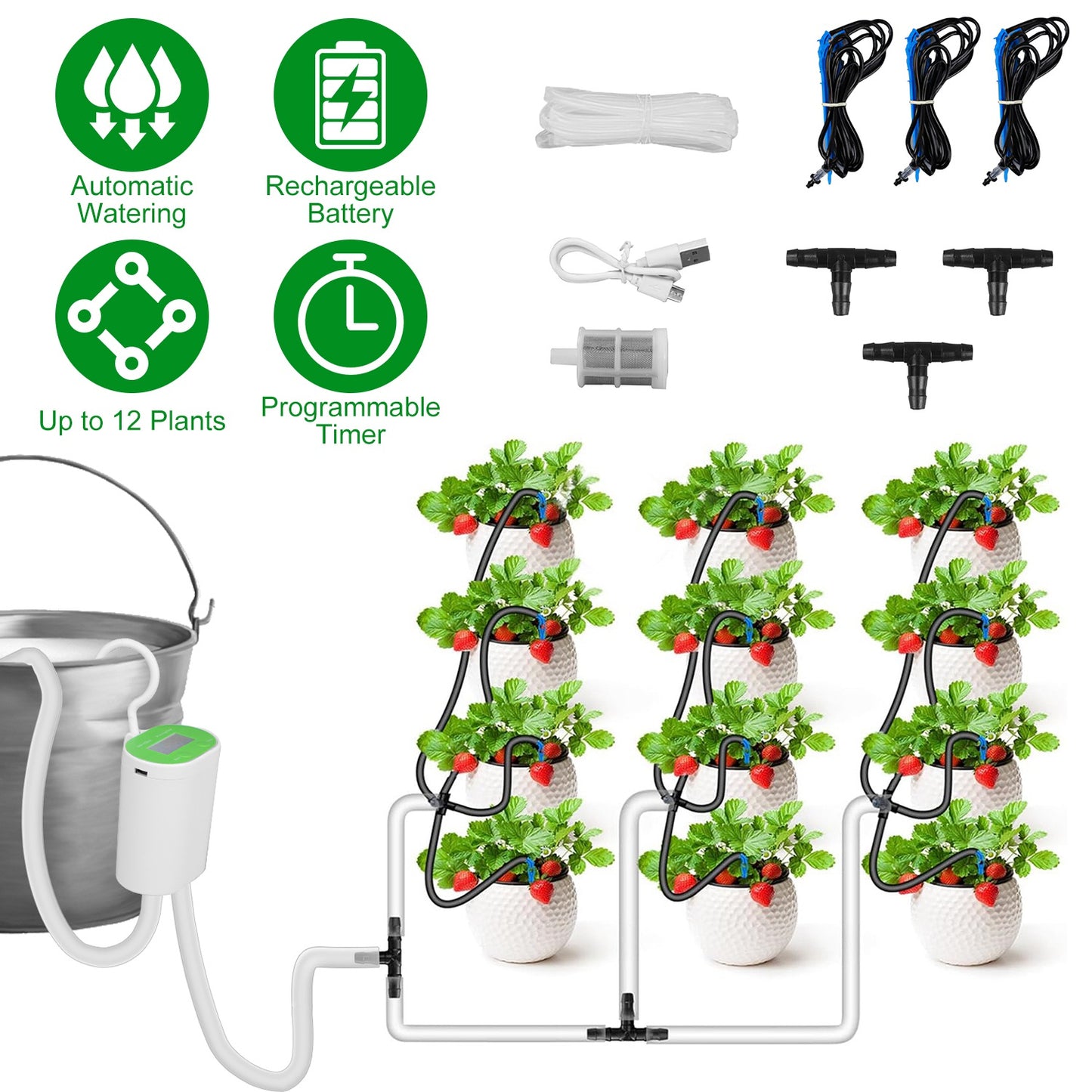 Automatic Watering System for 12 Plants with Timer and Rechargeable Battery