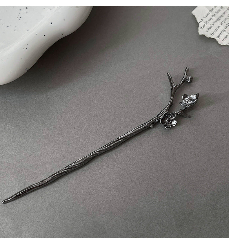 Metal Hairpin Hair Accessories for Women - Chinese Flower Design, Silver & Gun Black
