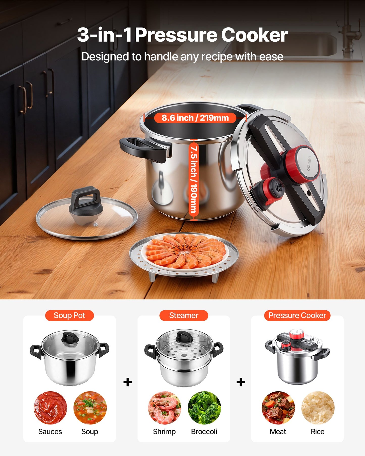 8Qt Stainless Steel Pressure Cooker with Steaming Rack & 3 Pressure Settings