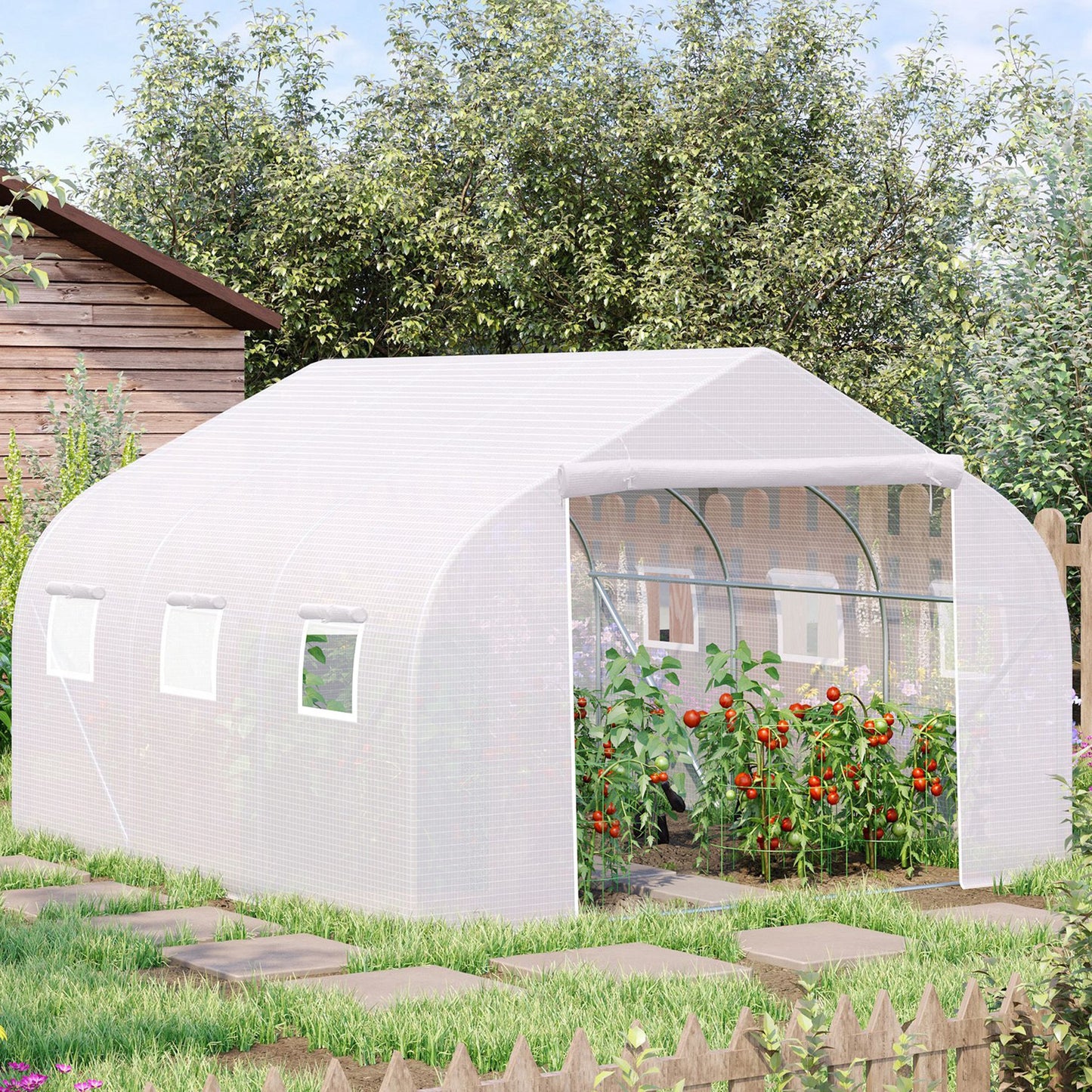 Walk-In Greenhouse with 6 Roll-Up Windows and Zippered Door - White