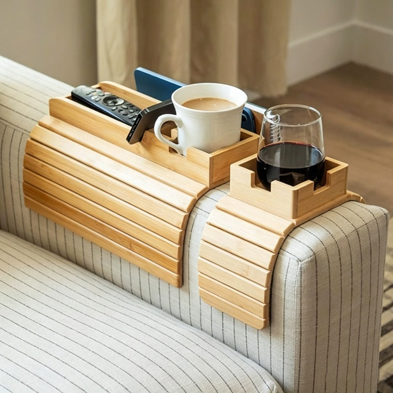 Multi-Functional Bamboo Sofa Cup Holder Tray - Foldable & Portable Storage