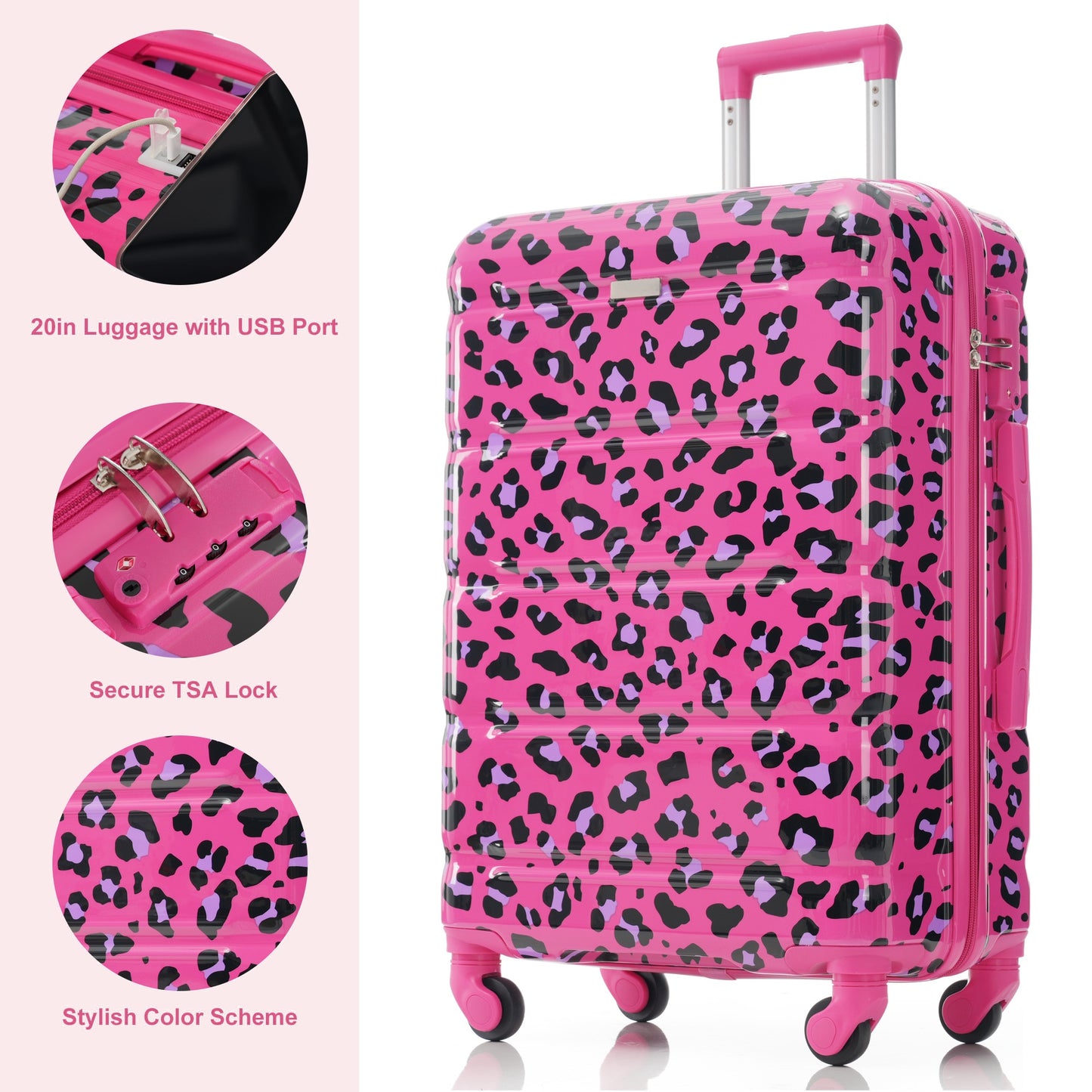 20-Inch Carry-On Luggage Set with USB Port - Fuchsia Leopard Print