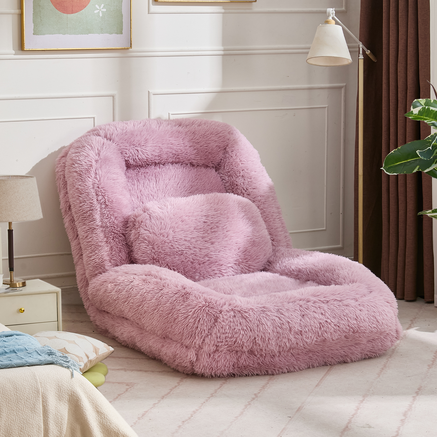 Adjustable Lazy Sofa Bed - Plush Fabric, Pink