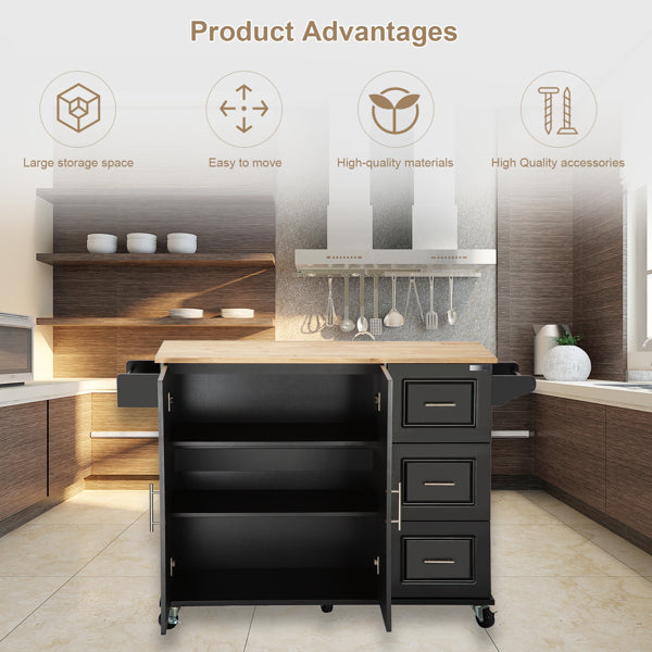 Mobile Kitchen Island Cart with Rubber Wood Top - Adjustable Storage