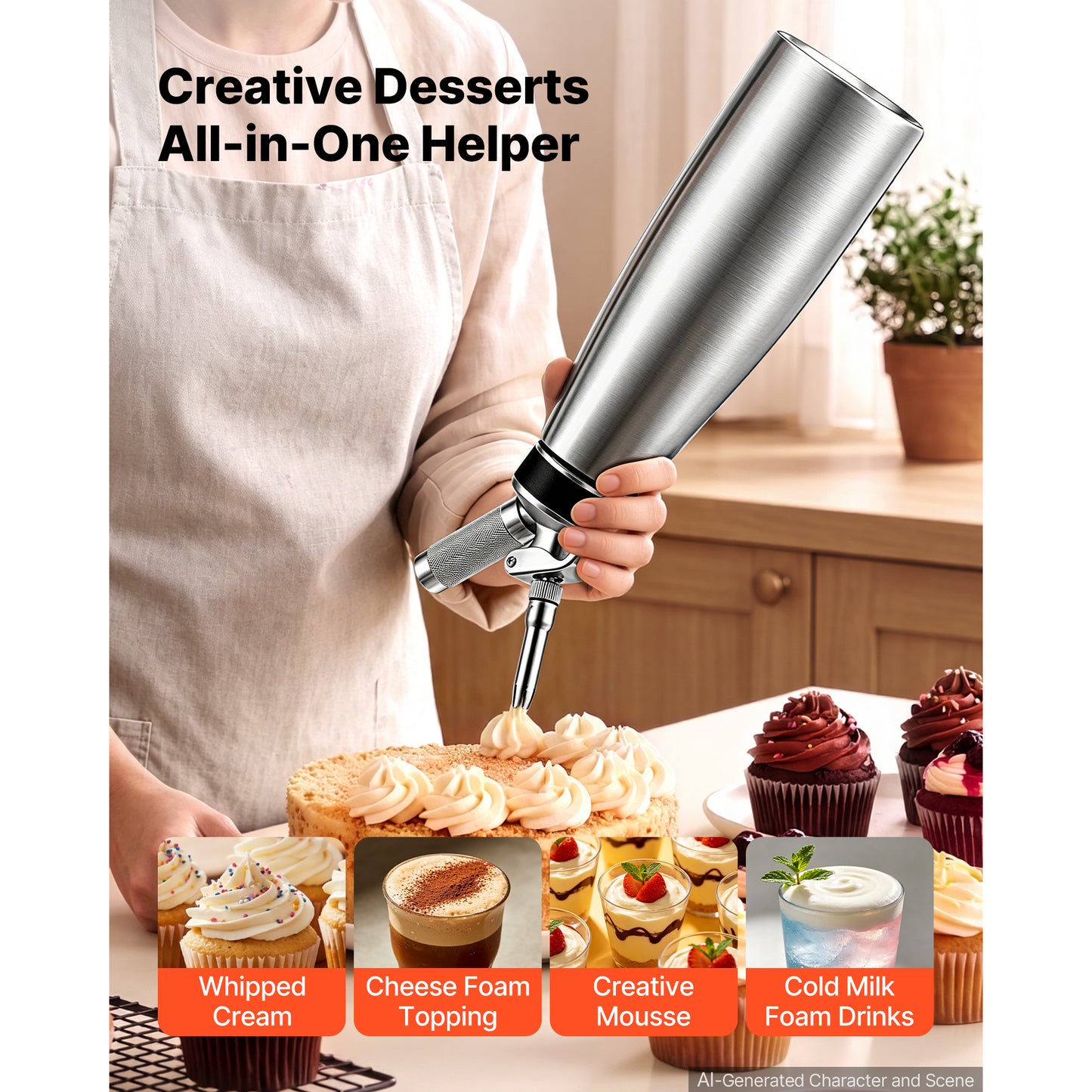 304 Stainless Steel Whipped Cream Dispenser 1000ml - Leak-Free Canister with Nozzles & Brush