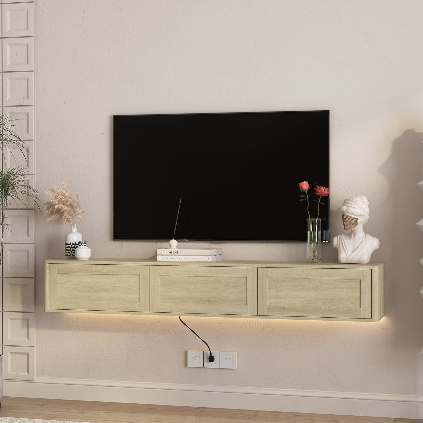Floating TV Stand with LED Lights & Power Outlet - Wood