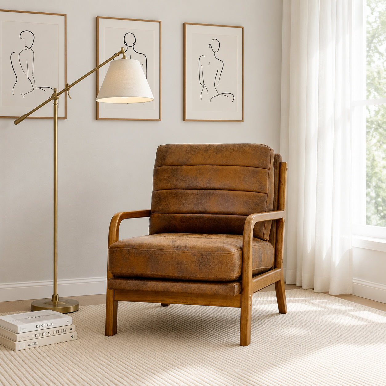 Mid-Century Modern Wood Armchair with Foil Fabric - Light Brown
