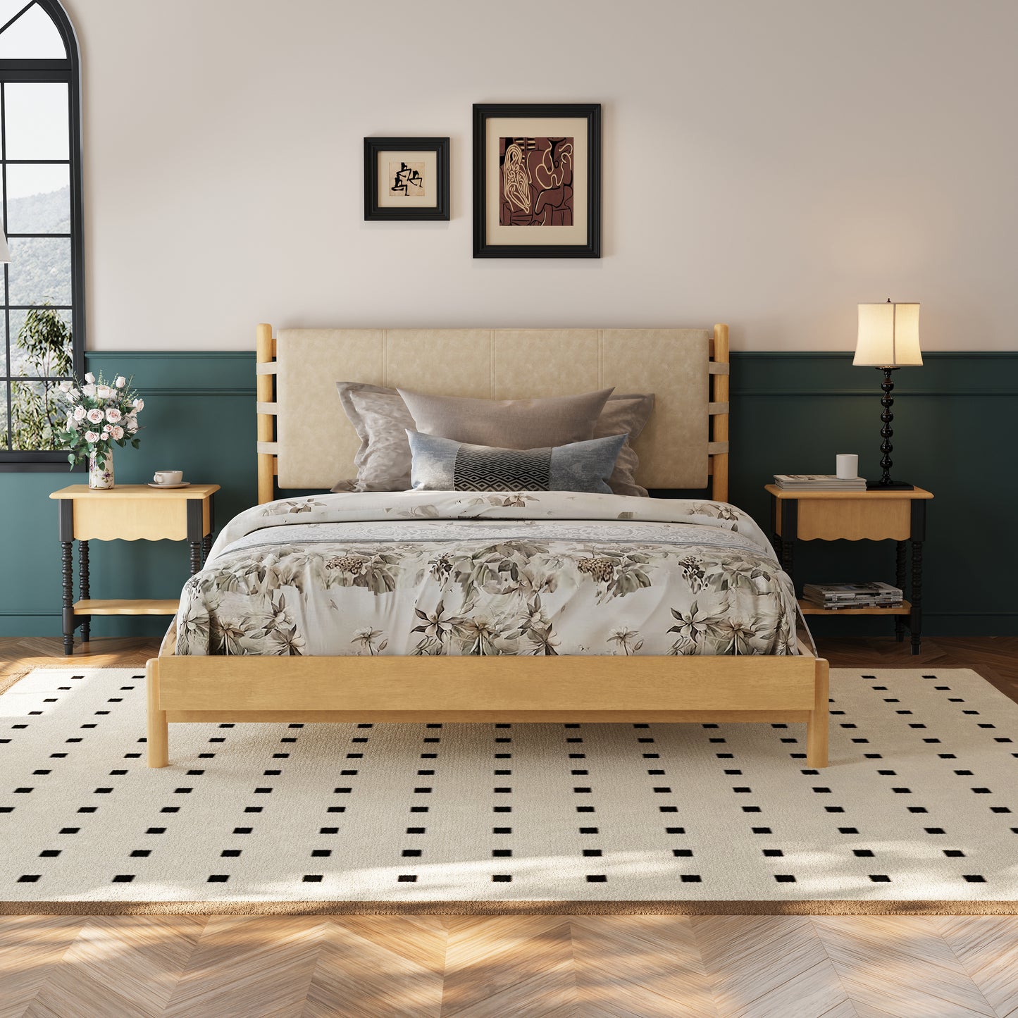 Premium Rubber Wood Platform Bed Frame, Queen Frame With Headboard