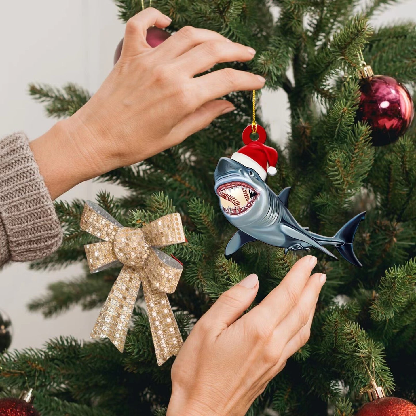 Christmas Shark Wooden Pendant Decoration for Holiday Home Decor