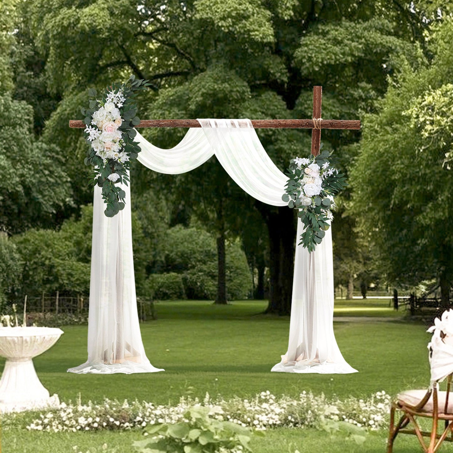Artificial Wedding Arch Flowers Kit with 21ft Draping Fabric - White
