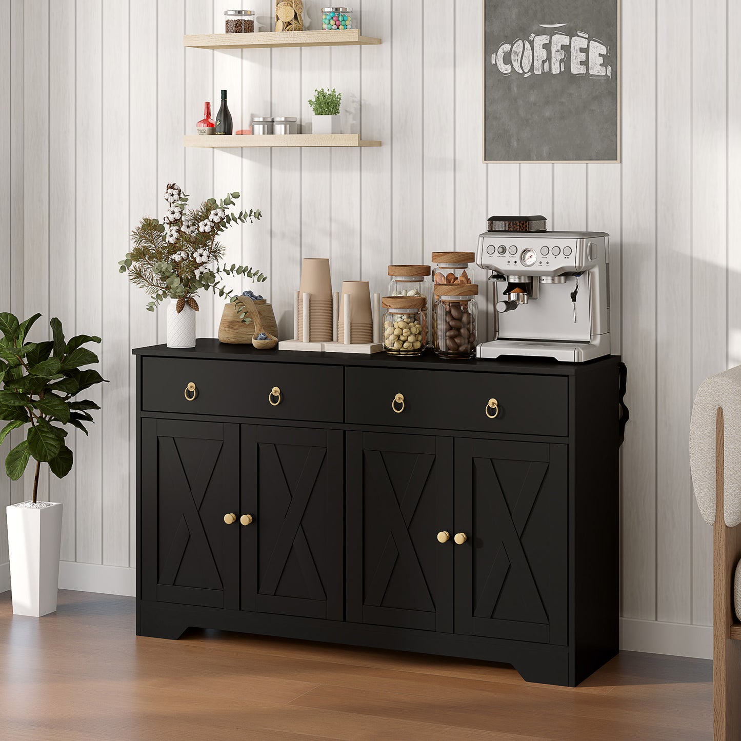 Farmhouse Kitchen Storage Sideboard with Barn Doors - Black