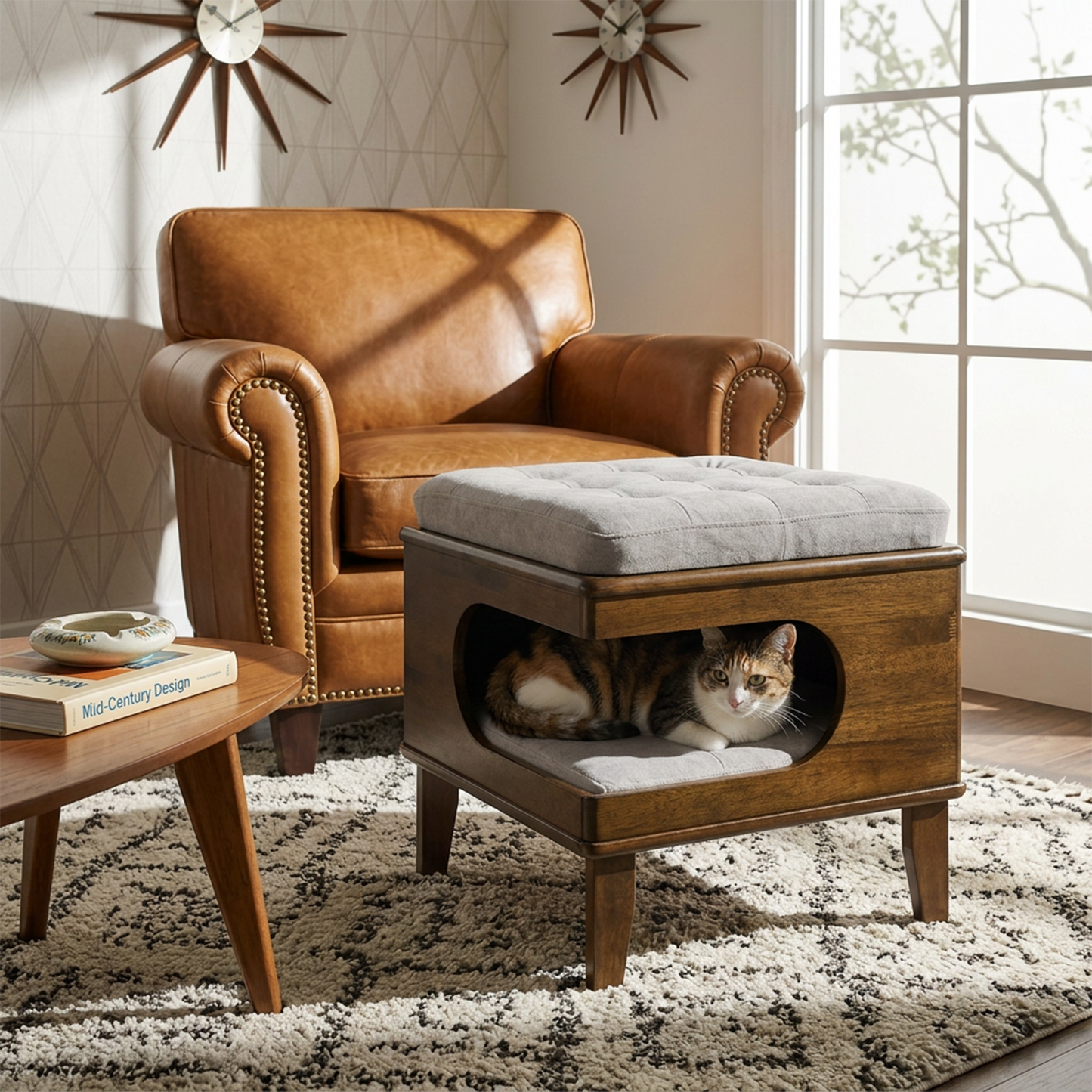 Rubber Wood Cat Bed Ottoman with Cat Cave - 2-in-1 Tufted Pet Footstool, Walnut Finish
