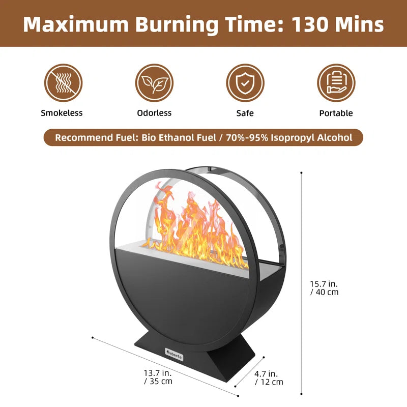 Black Round Bioethanol Fireplace - 13.7 x 15.7 Inch, Smokeless