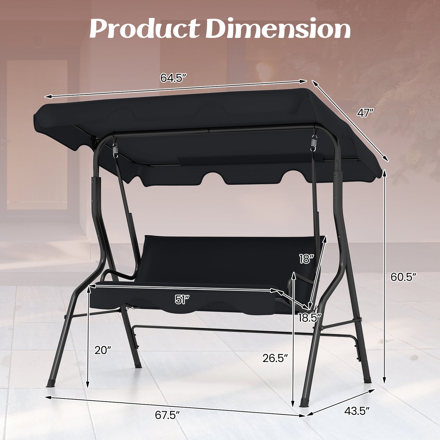 3-Seat Outdoor Patio Canopy Swing with Cushions - Black