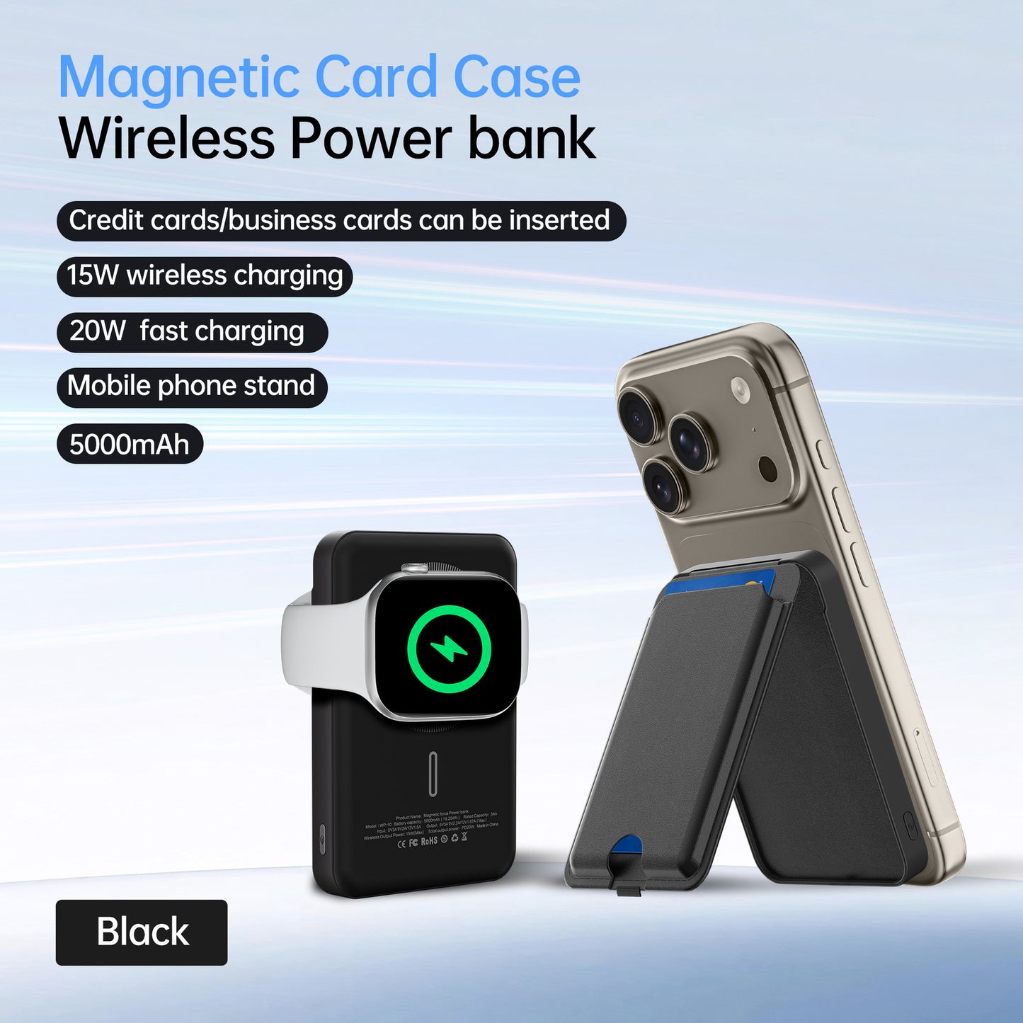Magnetic Card Holder with Built-in Stand and 5000mAh Capacity - Cross-border Certified