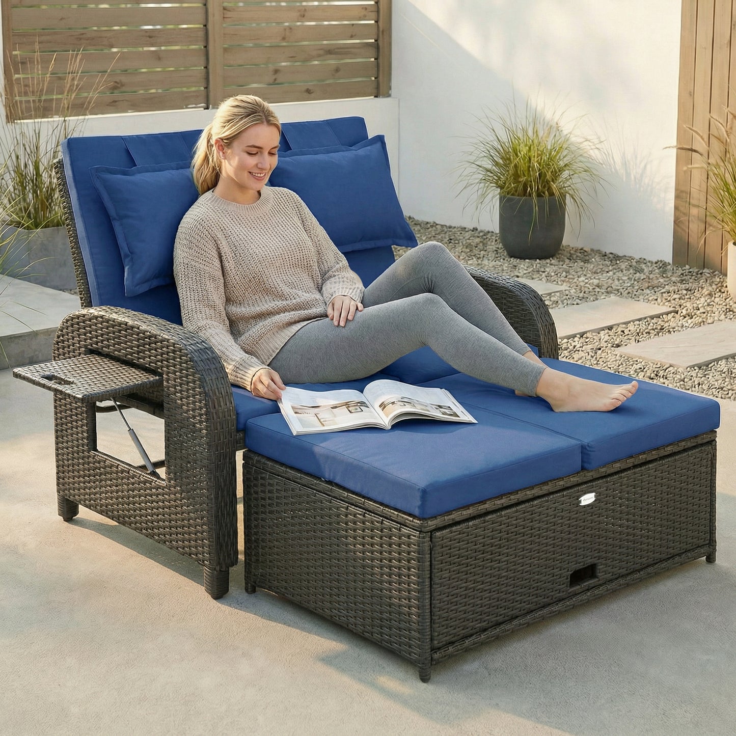 Outdoor Rattan Daybed with Storage Ottoman - Navy Blue