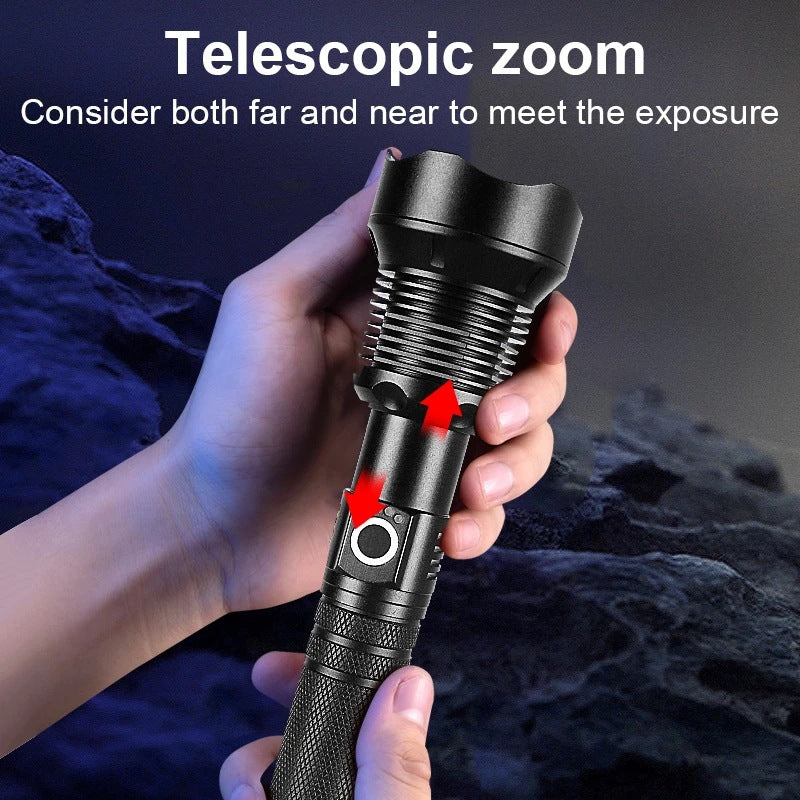 Aluminum Alloy Telescopic Zoom Flashlight with USB Charging - High-Intensity XHP70
