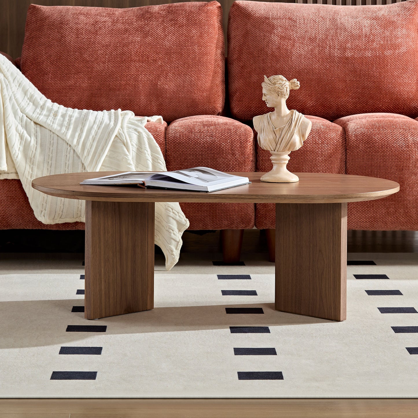 Modern Walnut Coffee Table - 39.37 Inch Oval MDF Design