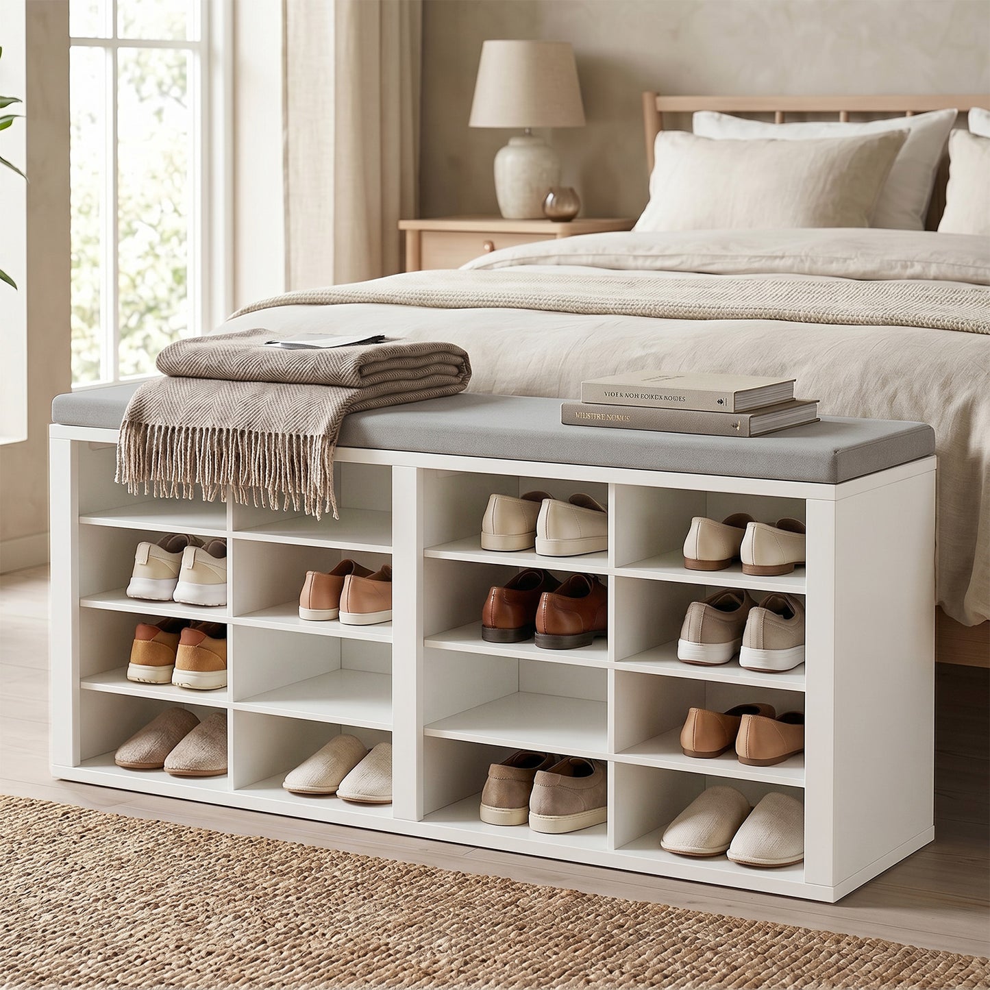 Shoe Storage Bench With Cushion 16 Cubby Rack Multifunctional