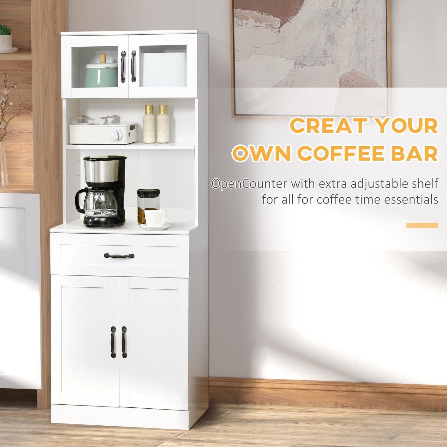 Freestanding Kitchen Pantry, 4-Door Buffet Cabinet with Hutch, Coffee