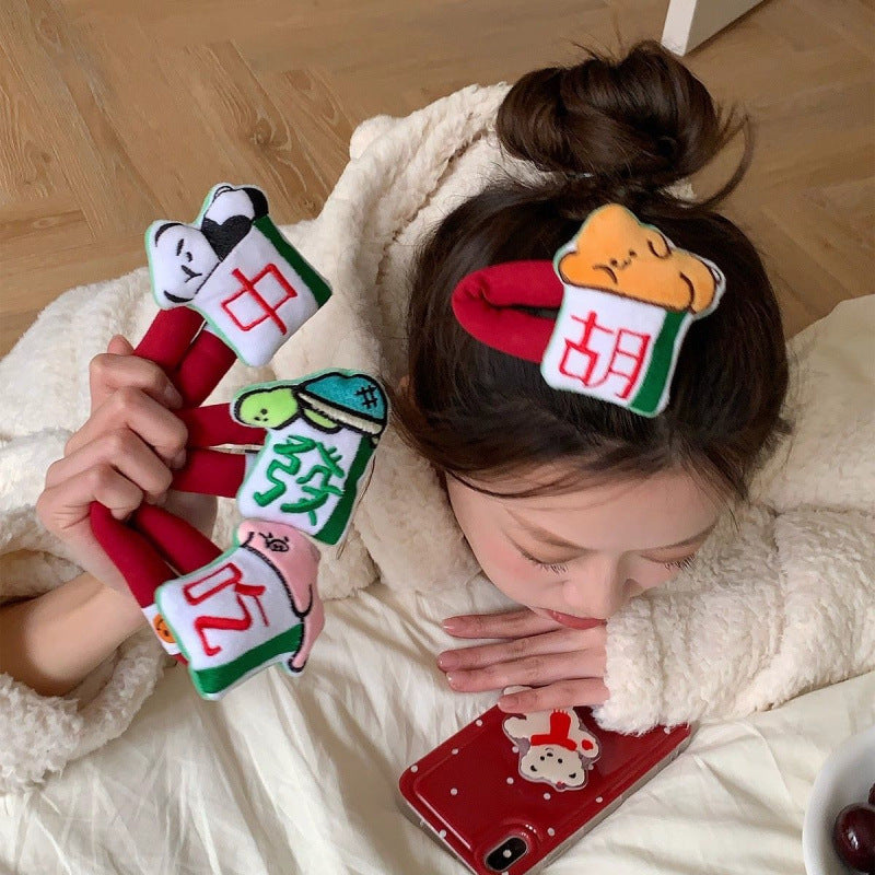 Cartoon Doll Hair Clip - Colorful Mahjong & Chinese Character Design, Hairpin Accessory