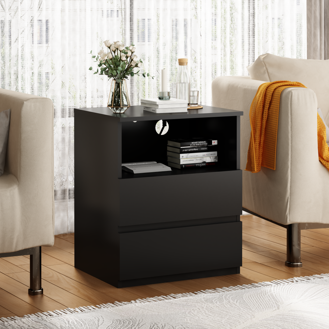 Set of 2 Modern End Tables with USB Charging Station & Drawers - Black